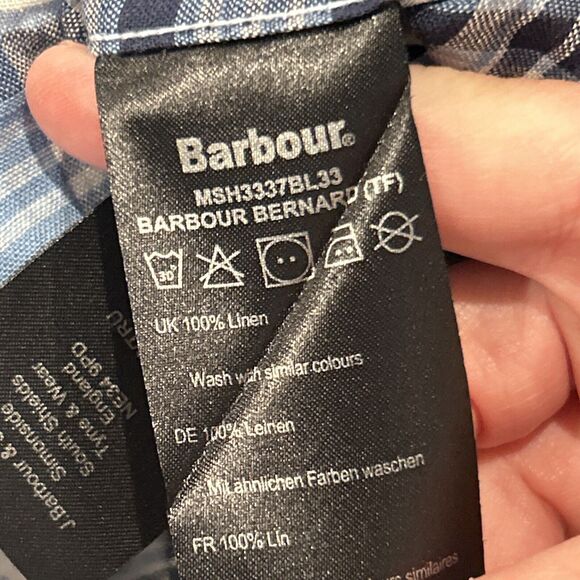 Barbour Shirt Mens Large Linen Blue White Plaid Tailored Fit Long Sleeve - Picture 5 of 7